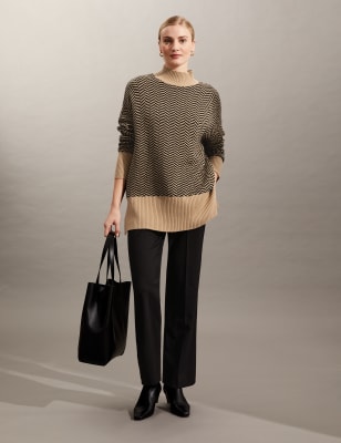 

JAEGER Womens Wool Rich Herringbone Jumper with Cashmere - Camel Mix, Camel Mix