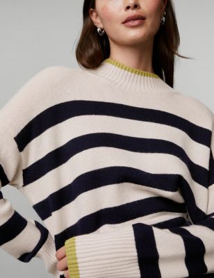 

JAEGER Womens Wool Rich Striped Jumper with Cashmere - Ivory Mix, Ivory Mix