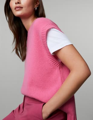 

JAEGER Womens Pure Cashmere Crew Neck Knitted Vest - Pink, Pink