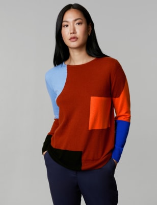 

JAEGER Womens Wool Rich Colour Block Jumper with Cashmere - Camel Mix, Camel Mix