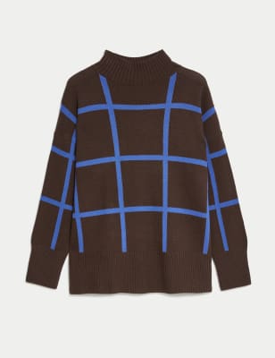 

JAEGER Womens Wool Rich Checked Jumper with Cashmere - Chocolate Mix, Chocolate Mix