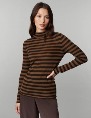 

JAEGER Womens Pure Merino Wool Striped Funnel Neck Jumper - Chocolate Mix, Chocolate Mix