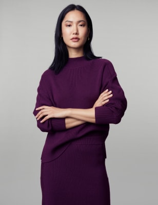 

JAEGER Womens Merino Wool Rich Ribbed Funnel Neck Jumper - Purple, Purple