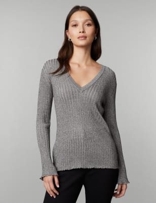 

JAEGER Womens Metallic Ribbed V-Neck Jumper - Silver, Silver