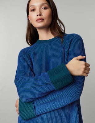 

JAEGER Womens Pure Merino Wool Crew Neck Relaxed Jumper - Blue Mix, Blue Mix