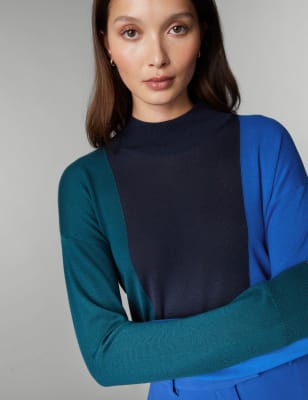 

JAEGER Womens Pure Merino Wool Colour Block Jumper - Blue Mix, Blue Mix