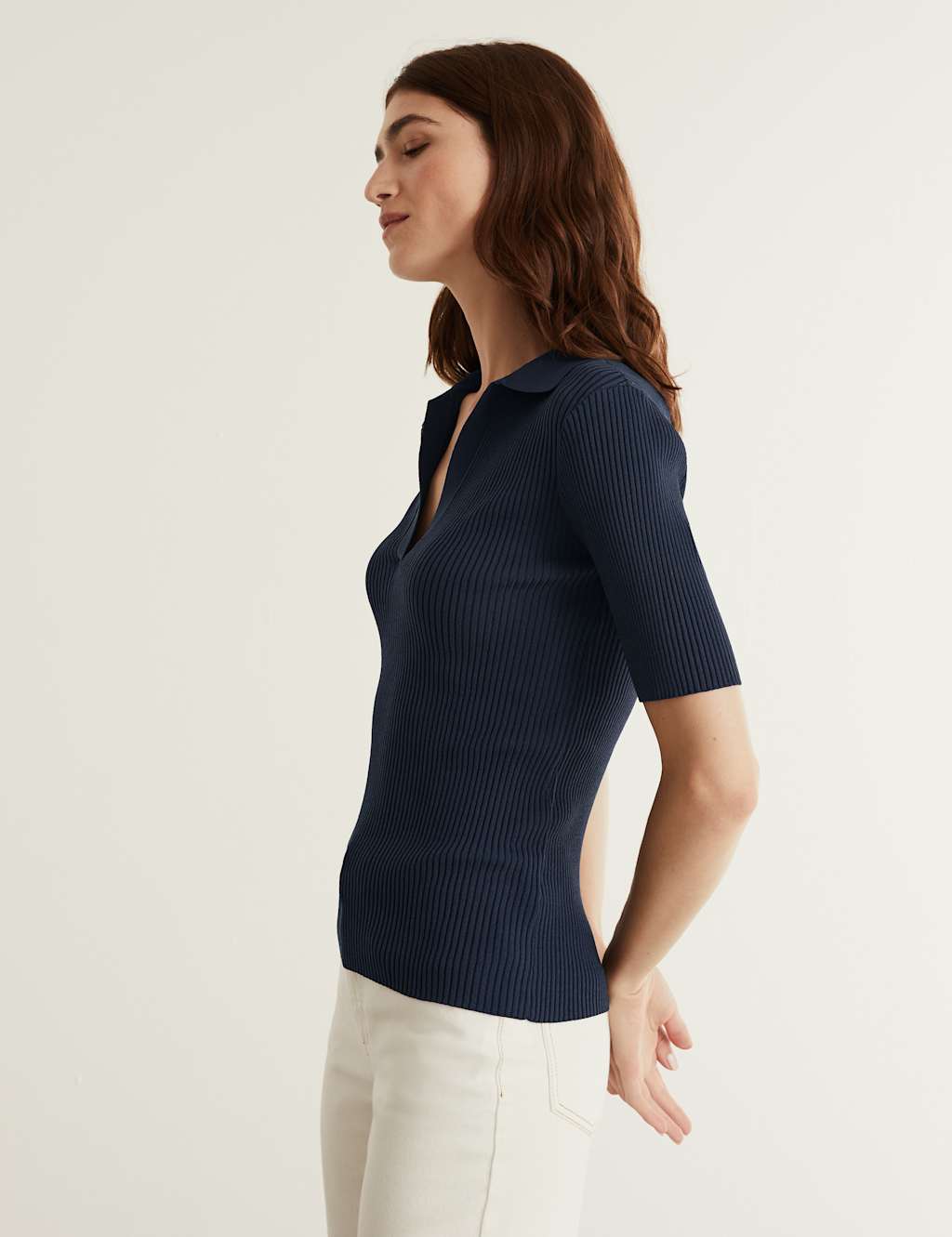 Ribbed Collared V-Neck Short Sleeve Top image 3