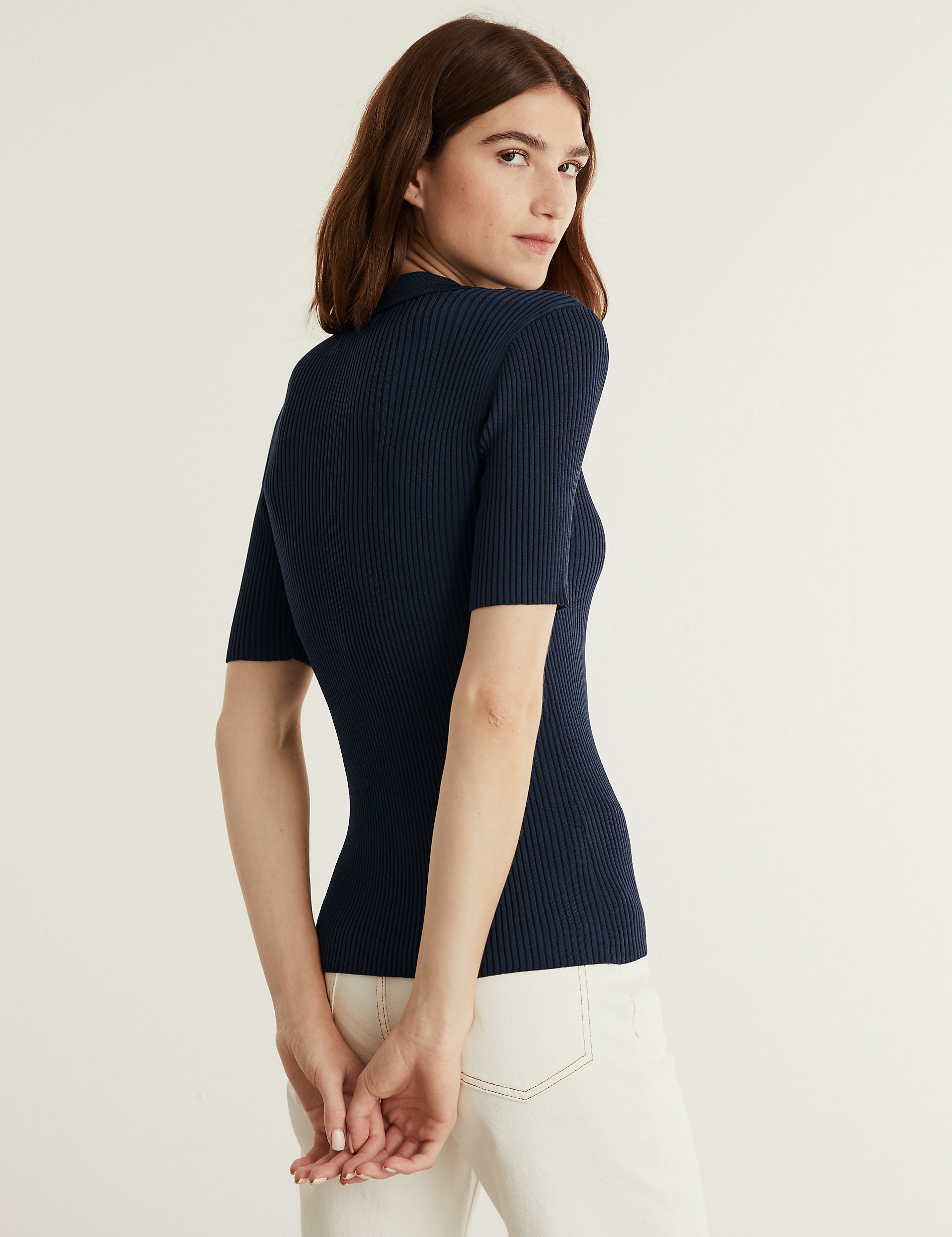 Ribbed Collared V-Neck Short Sleeve Top