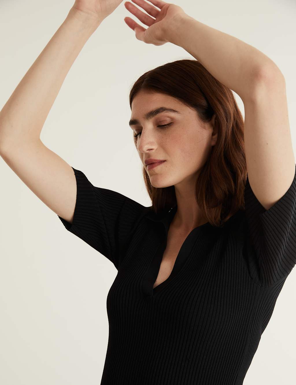 Ribbed Collared V-Neck Short Sleeve Top image 4
