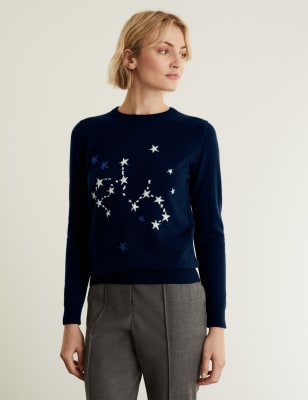 

JAEGER Womens Merino Wool Rich Star Jumper with Cashmere - Navy/White, Navy/White