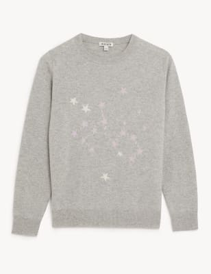 

JAEGER Womens Merino Wool Rich Star Jumper with Cashmere - Grey Mix, Grey Mix