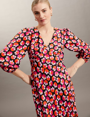 

JAEGER Womens GeblümtesSchmales Maxikleid aus reiner Seide mit V-Ausschnitt und Blumenmuster - Pink Mix, Pink Mix