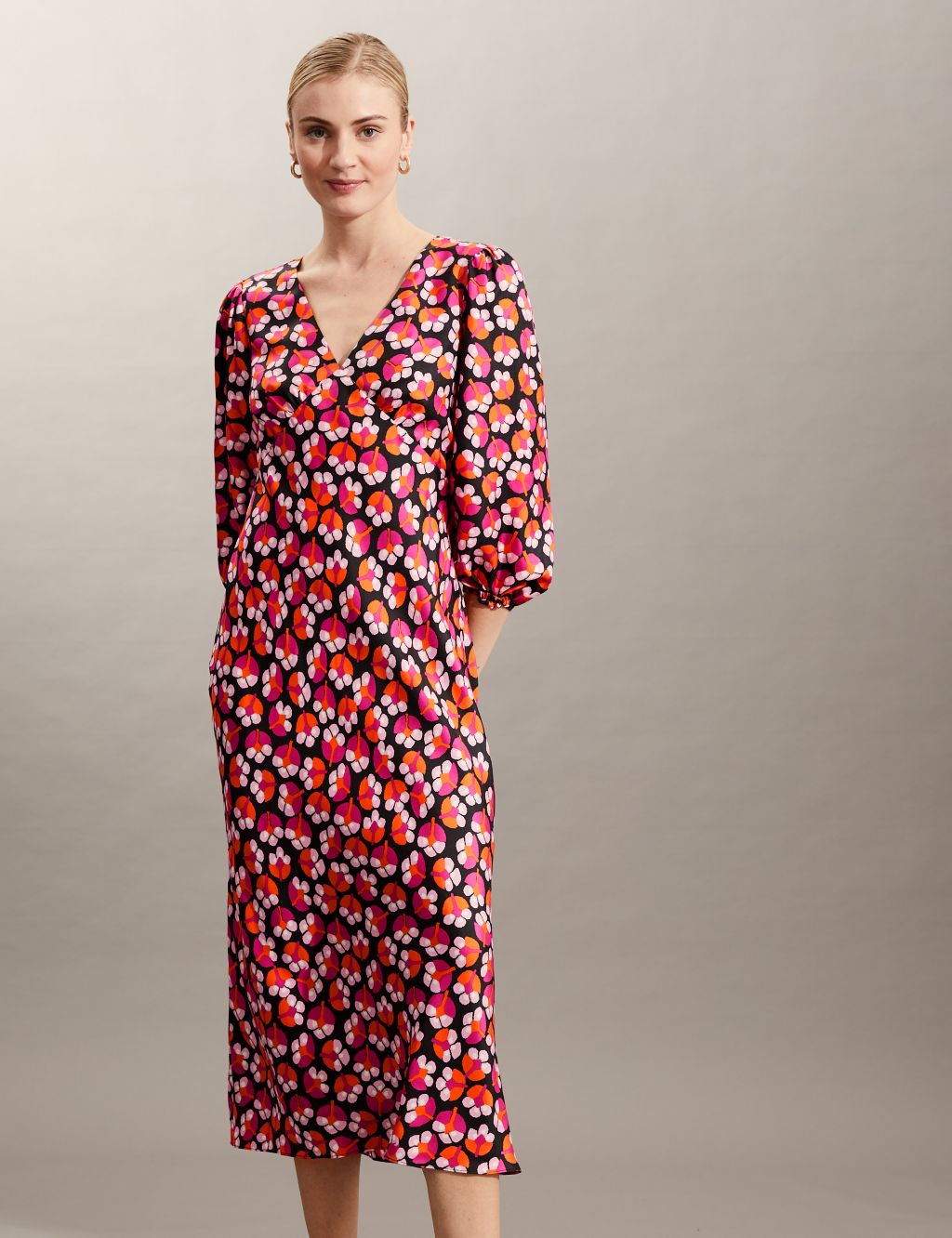 Pure Silk Floral V-Neck Maxi Column Dress image 1