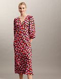 Pure Silk Floral V-Neck Midi Tea Dress