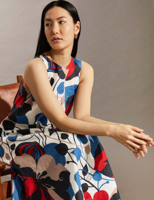 

JAEGER Vestido columna floral a media pierna 100% lino de escote en picoWomens - Multi, Multi