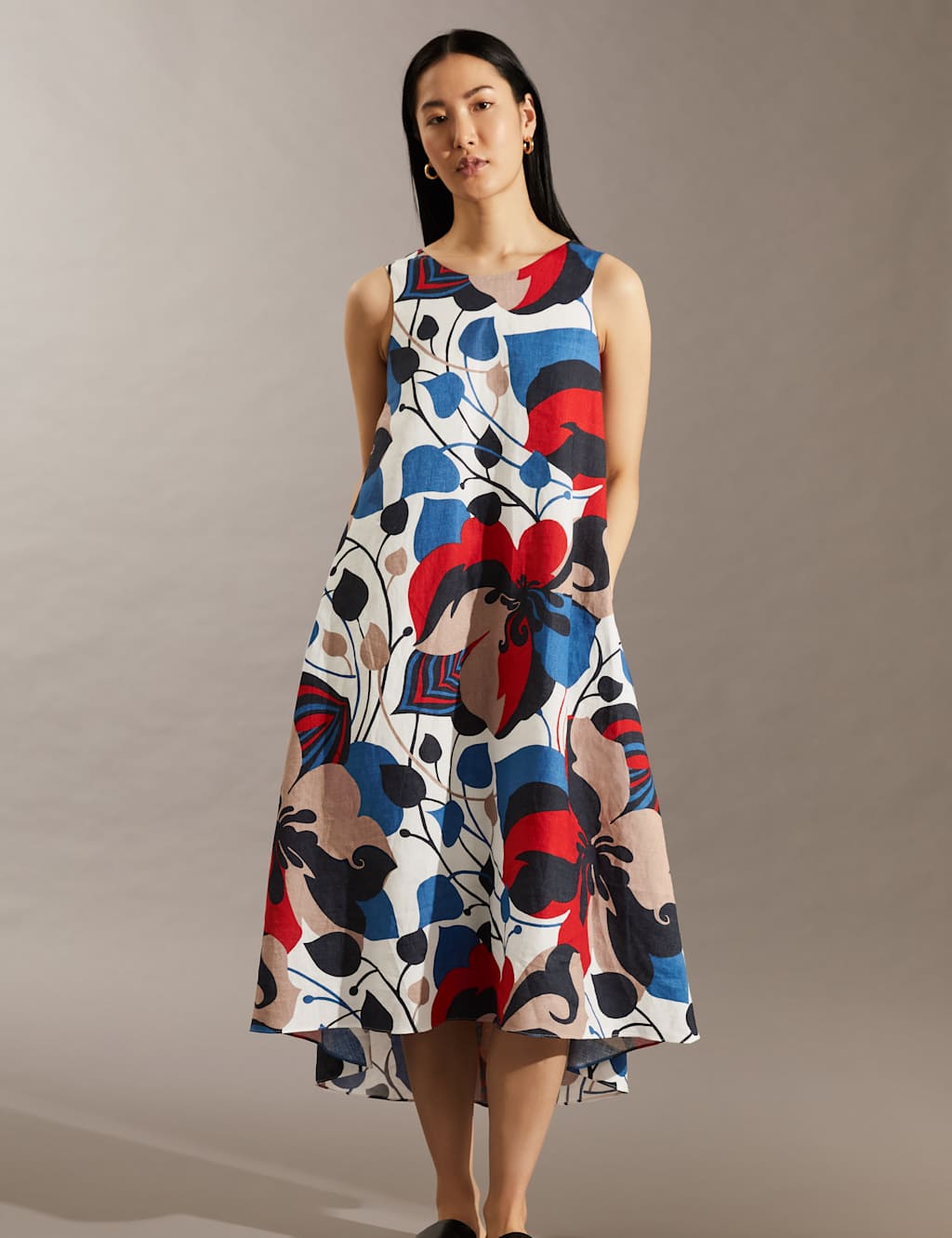 Pure Linen Floral V-Neck Midi Column Dress image 3