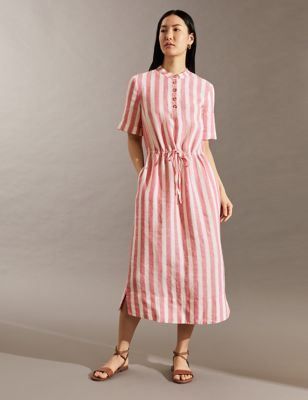 

JAEGER Womens Pure Linen Striped Midi Waisted Dress - Pink Mix, Pink Mix