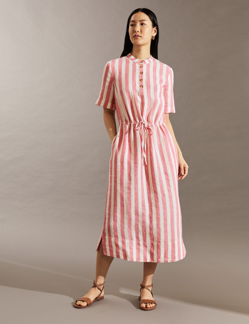 Pure Linen Striped Midi Waisted Dress image 1