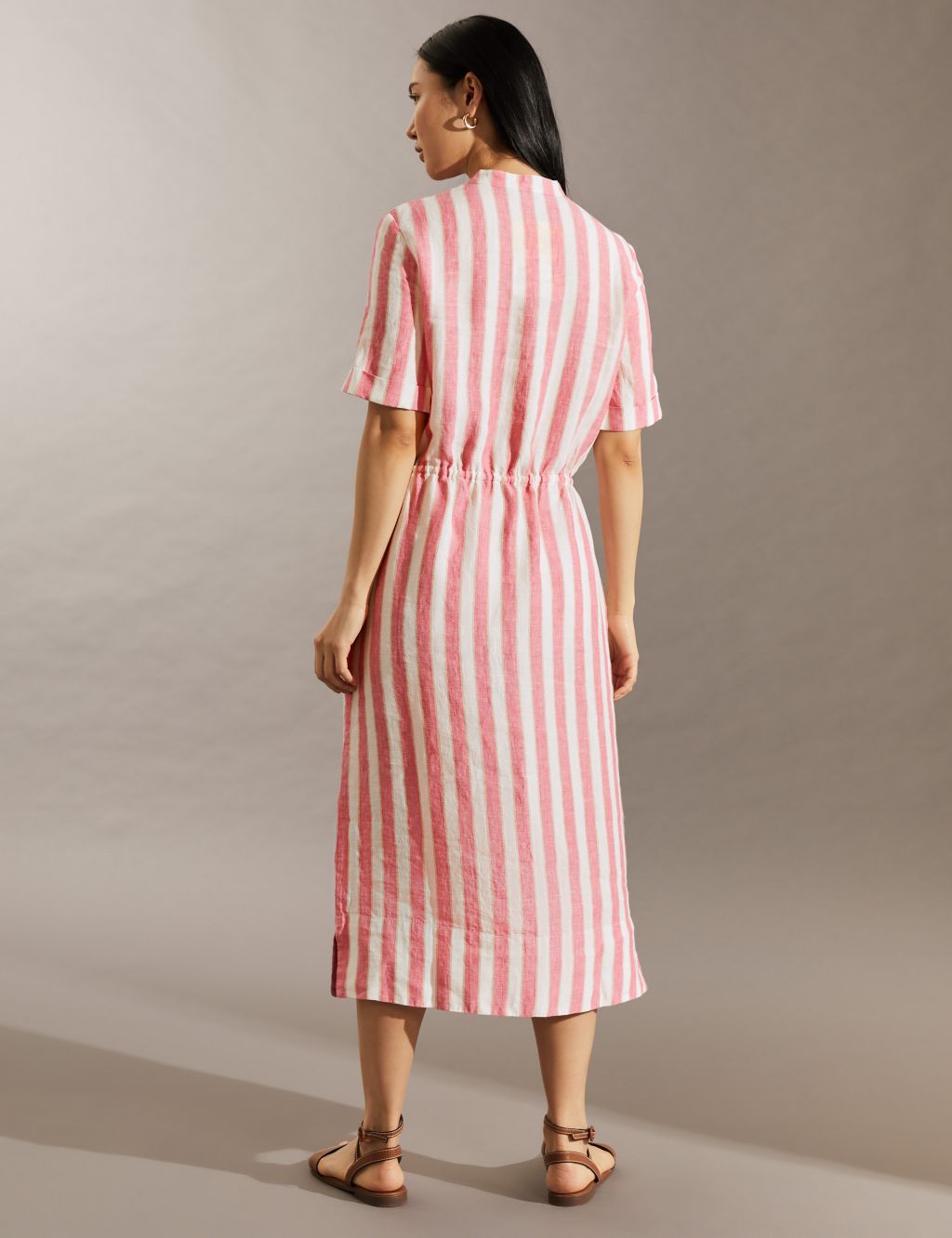 Pure Linen Striped Midi Waisted Dress image 4
