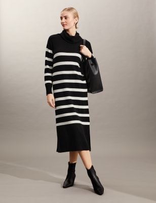 

JAEGER Womens Wool Rich Striped Cowl Neck Midi Dress - Black Mix, Black Mix