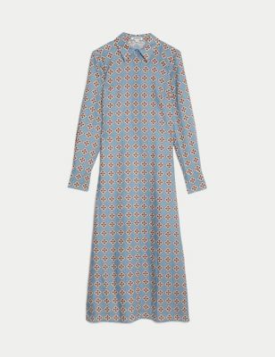 

JAEGER Womens Pure Linen Geometric Midi Shirt Dress - Blue Mix, Blue Mix