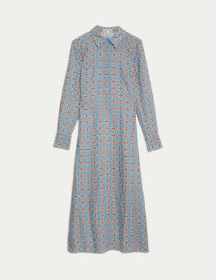 

JAEGER Pure Linen Geometric Midi Shirt DressWomens - Blue Mix, Blue Mix