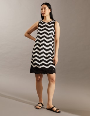 

JAEGER Womens Cotton Rich Striped Midi Shift Dress - Black Mix, Black Mix