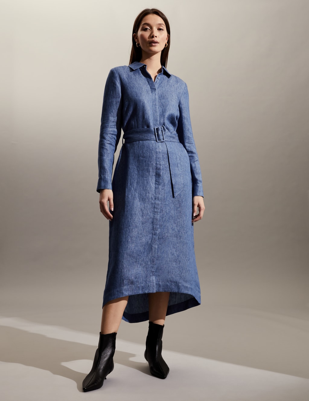 Pure Linen Belted Midi Shirt Dress image 1