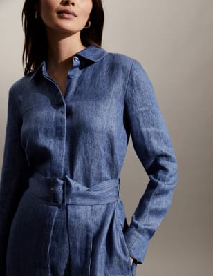 Pure Linen Belted Midi Shirt Dress - SA