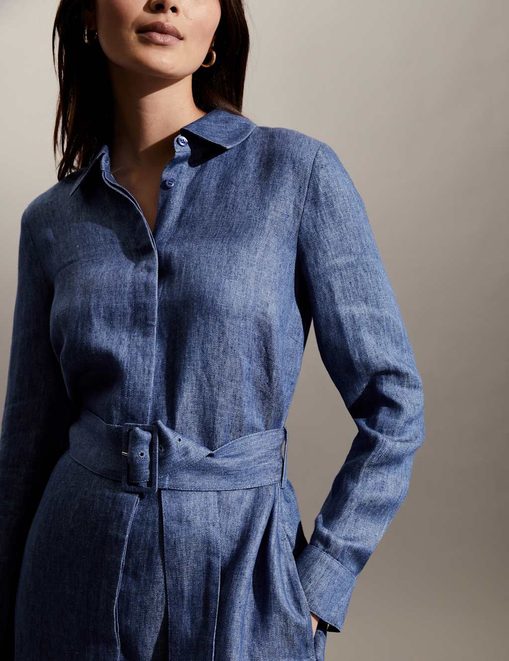 Pure Linen Belted Midi Shirt Dress image 2