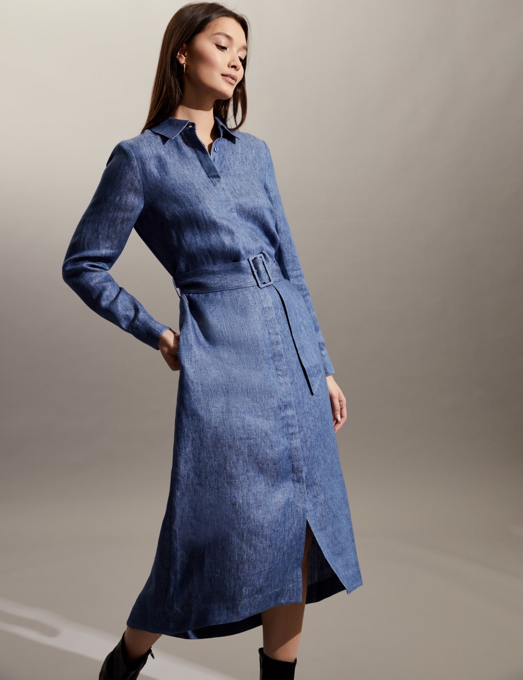 Pure Linen Belted Midi Shirt Dress image 3