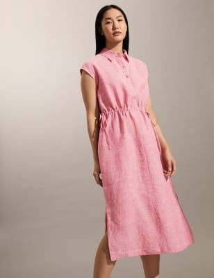 

JAEGER Vestido camisero a media pierna con lazo en la cintura 100% linoWomens - Pink, Pink