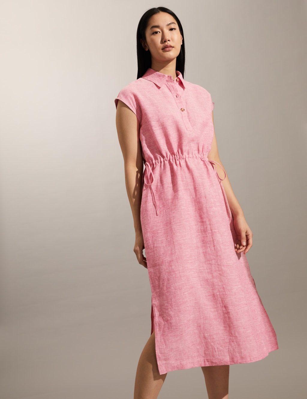 Pure Linen Tie Waist Midi Shirt Dress image 1