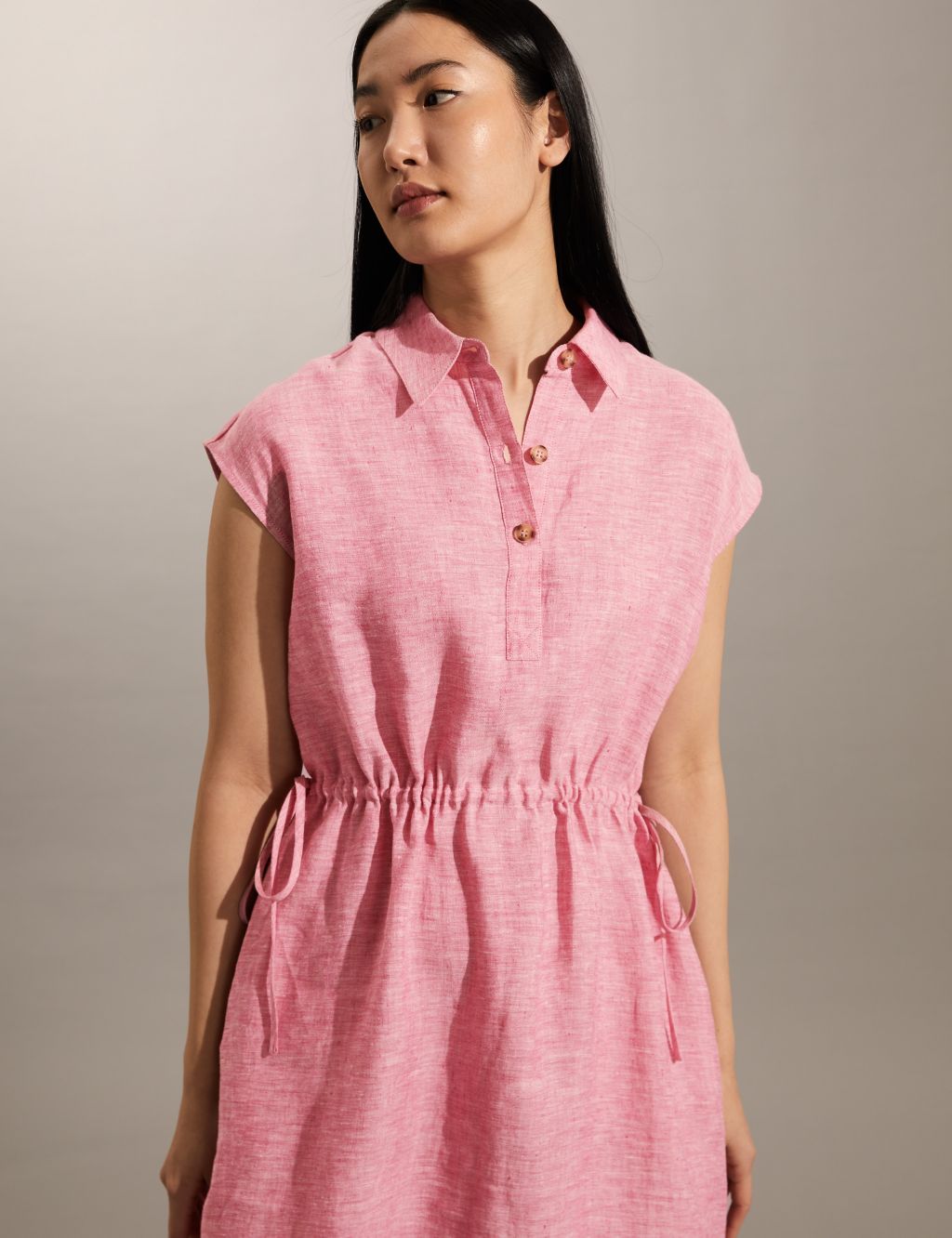 Pure Linen Tie Waist Midi Shirt Dress image 2