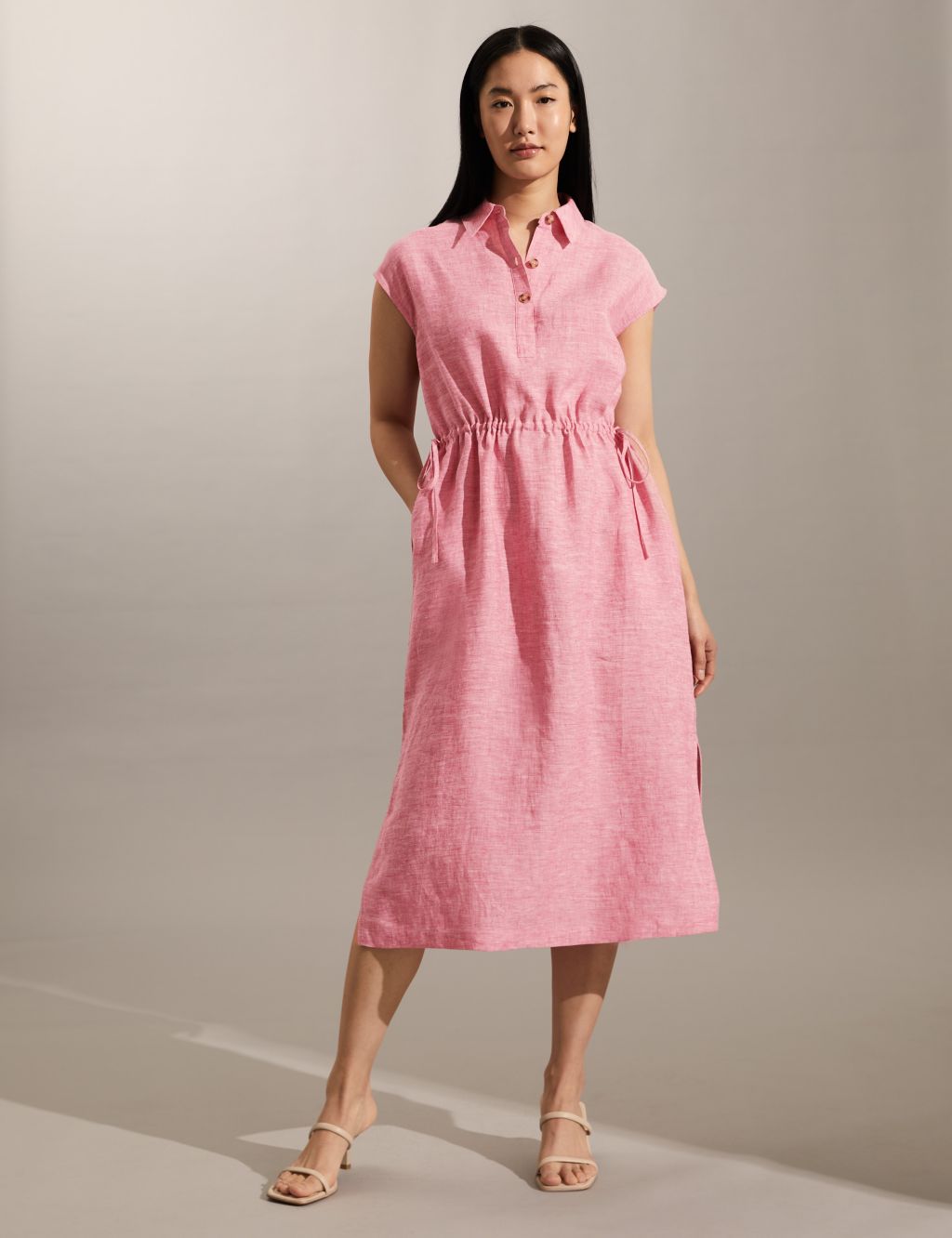 Pure Linen Tie Waist Midi Shirt Dress image 3