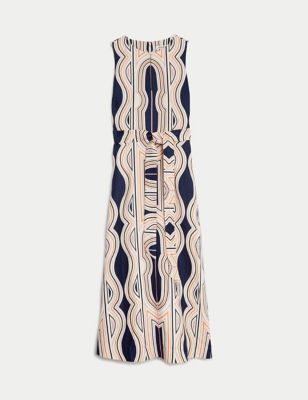 Pure Linen Printed Midi Skater Dress