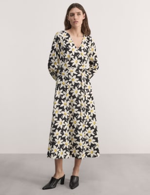 Pure Silk Floral V-Neck Midi Dress