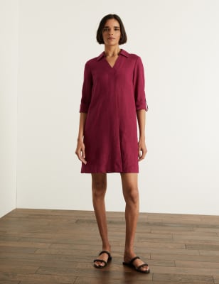 

JAEGER Womens Knielanges Leinen-Etuikleid aus reinem Leinen mit V-Ausschnitt - Berry, Berry