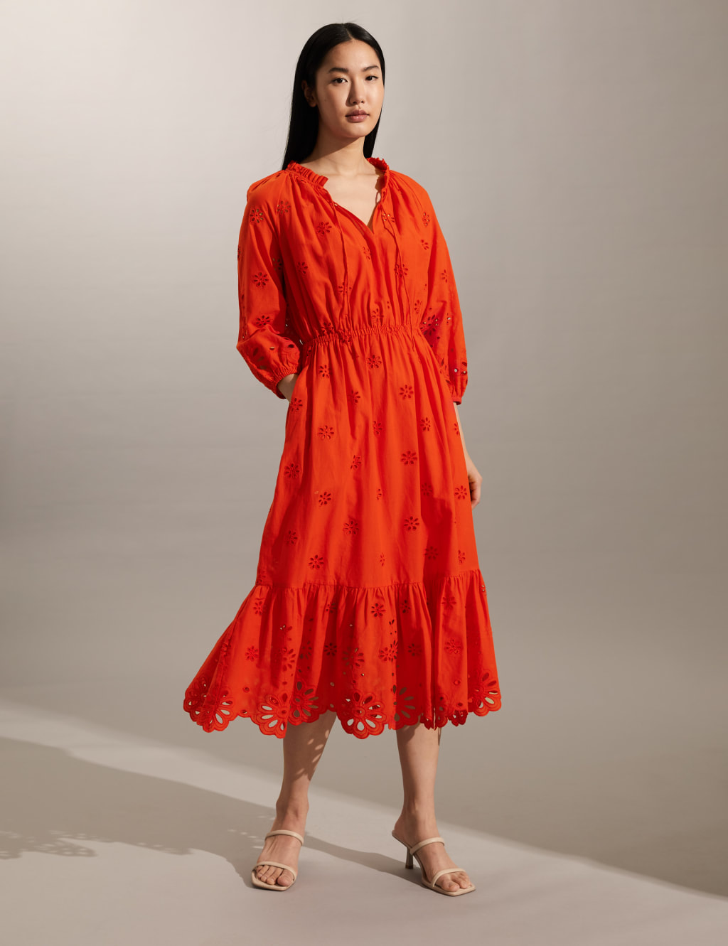 Pure Cotton Broderie Tie Neck Midi Dress image 1