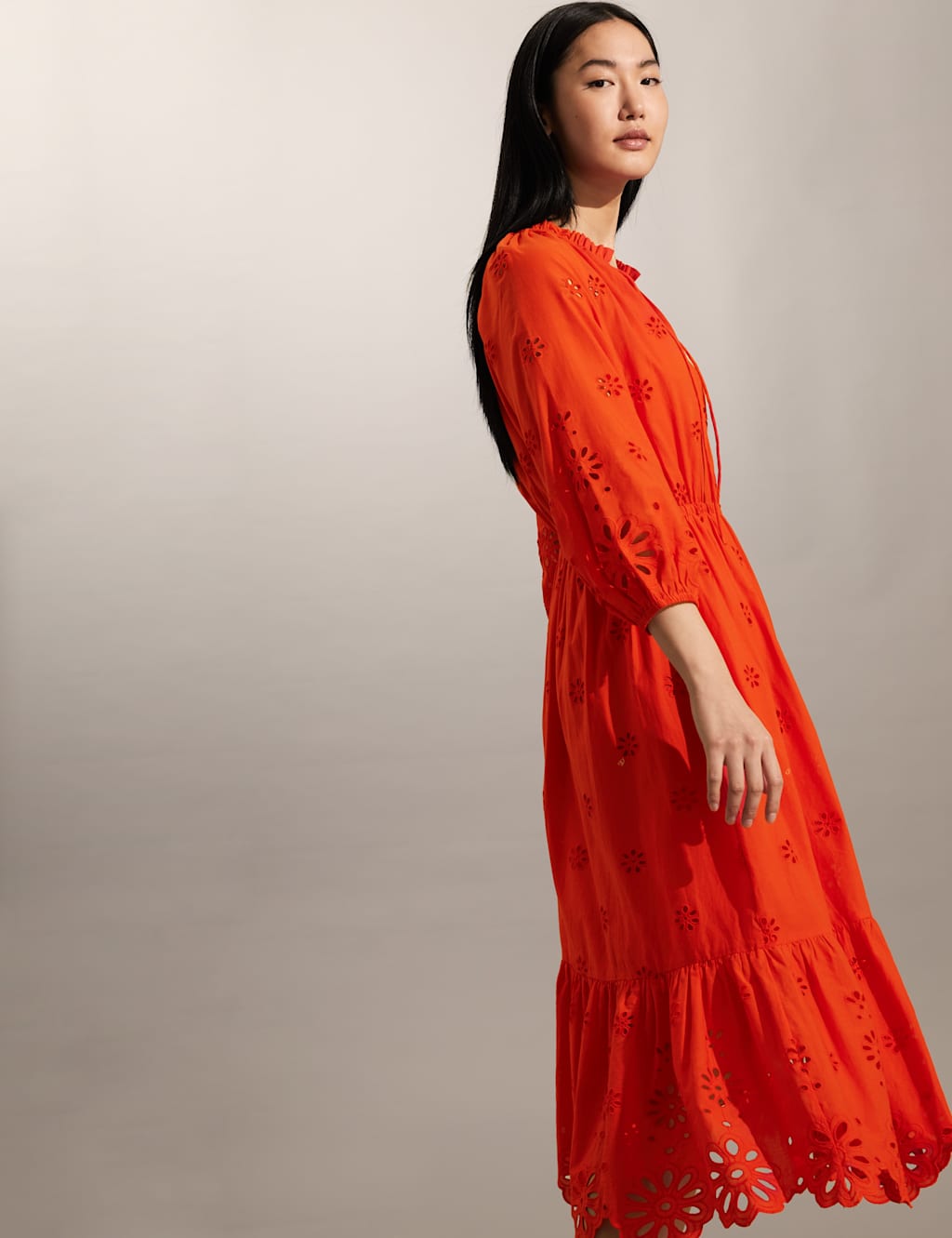 Pure Cotton Broderie Tie Neck Midi Dress image 2