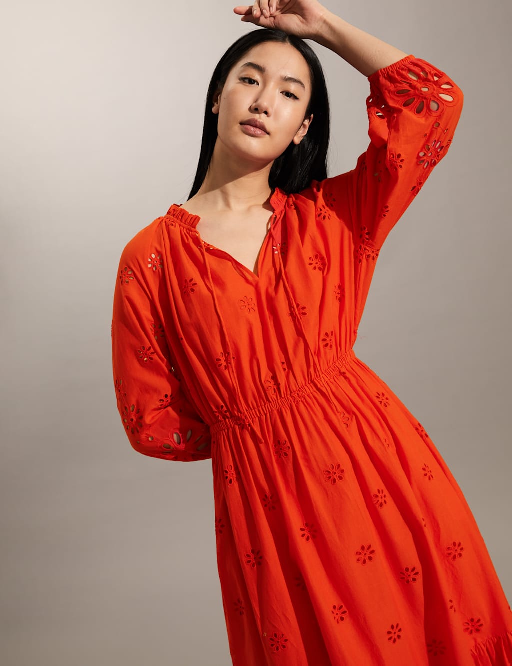 Pure Cotton Broderie Tie Neck Midi Dress image 3