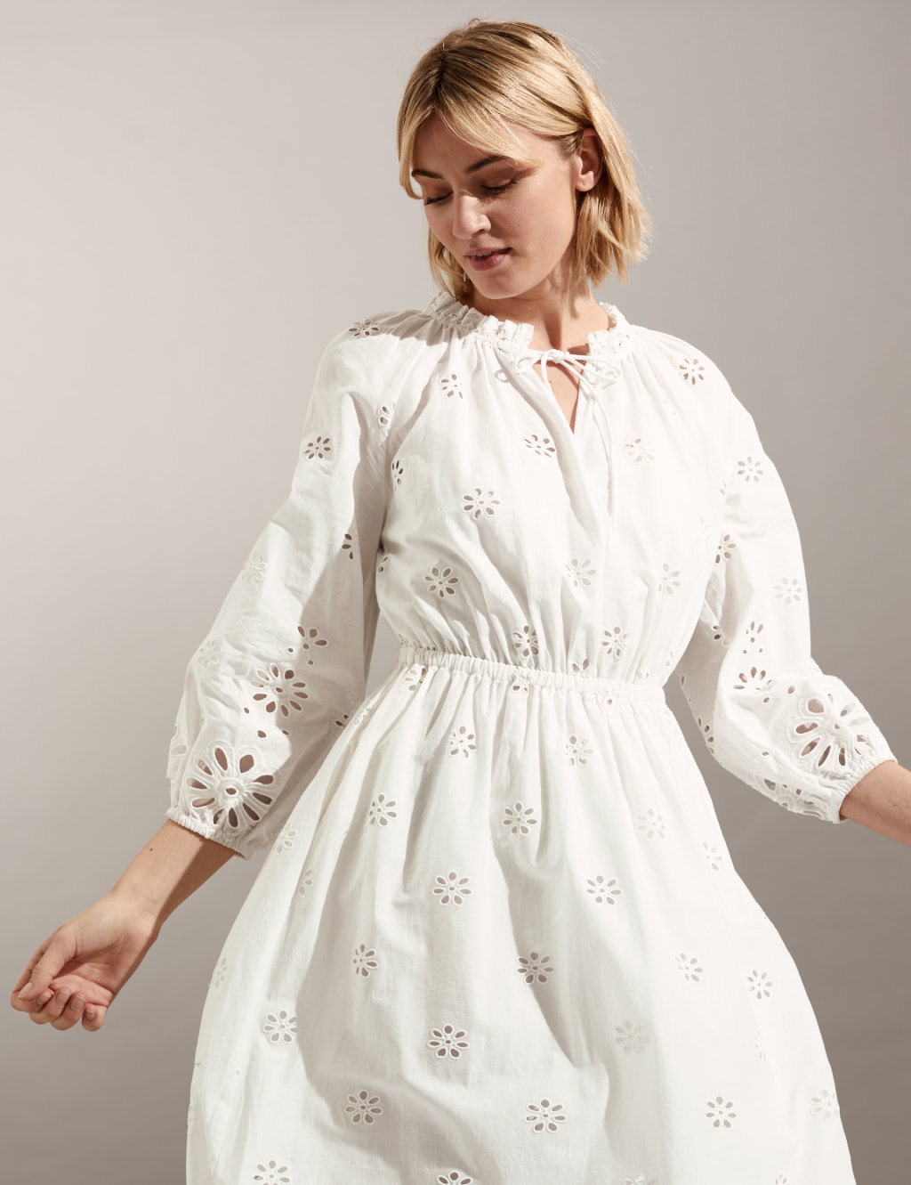 Pure Cotton Broderie Tie Neck Midi Dress image 2