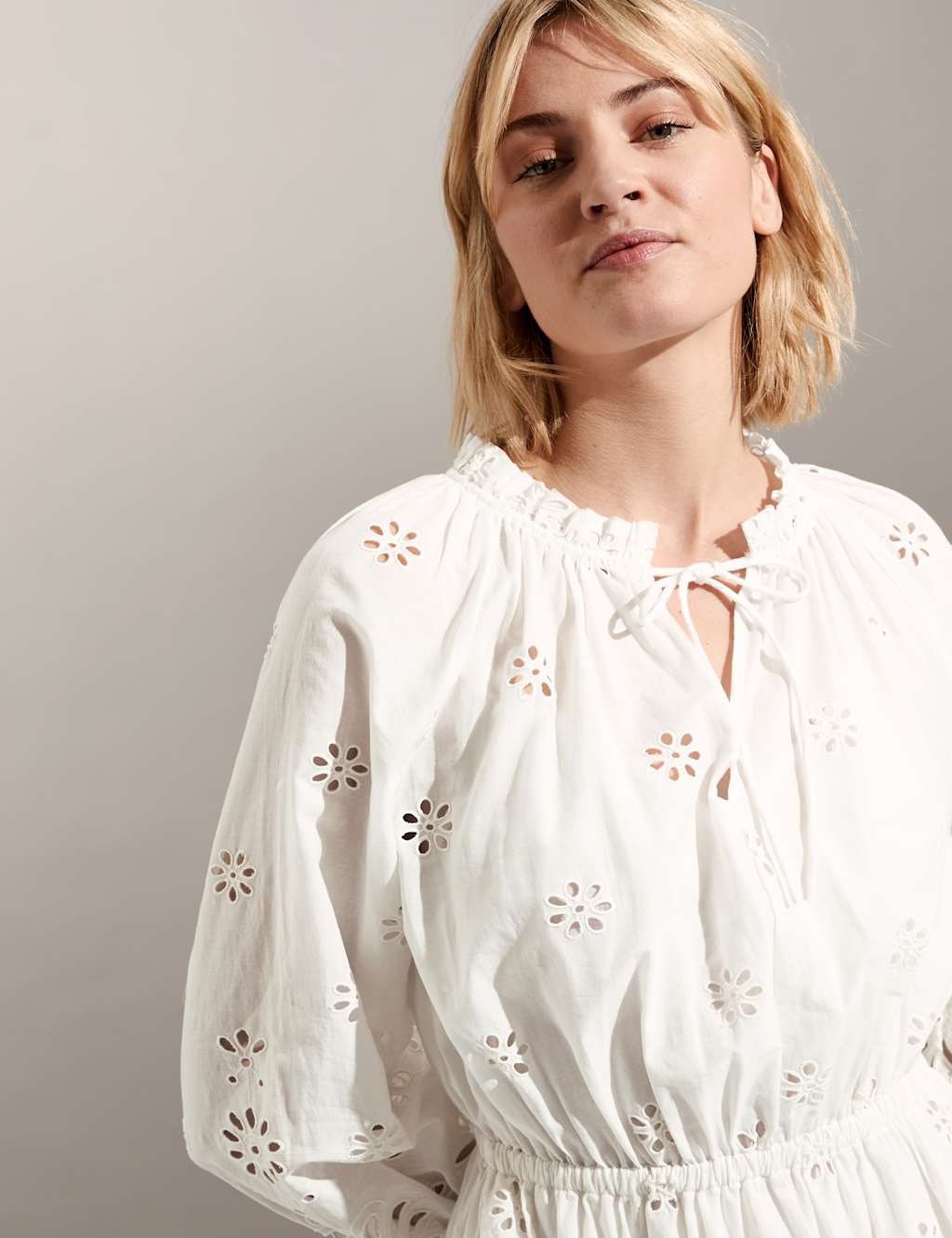 Pure Cotton Broderie Tie Neck Midi Dress image 3