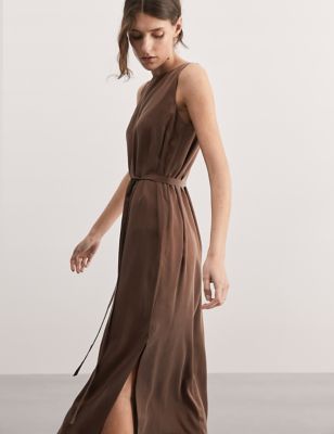 Jaeger Womens Pure Silk Belted Midi Column Dress - 18 - Chocolate, Chocolate