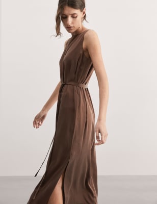 

JAEGER Womens Pure Silk Belted Midi Column Dress - Chocolate, Chocolate