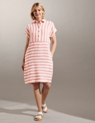 

JAEGER Womens Pure Linen Striped Knee Length Shift Dress - Pink Mix, Pink Mix