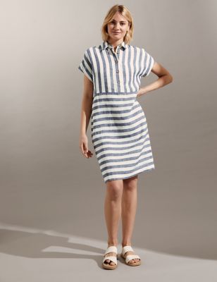 

JAEGER Womens Pure Linen Striped Knee Length Shift Dress - Navy Mix, Navy Mix