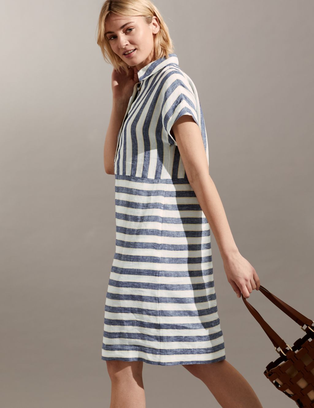 Pure Linen Striped Knee Length Shift Dress image 2