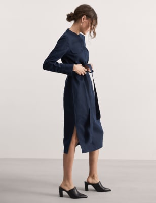 Jaeger Womens Pure Linen Belted Midi Column Dress - 8 - Navy, Navy