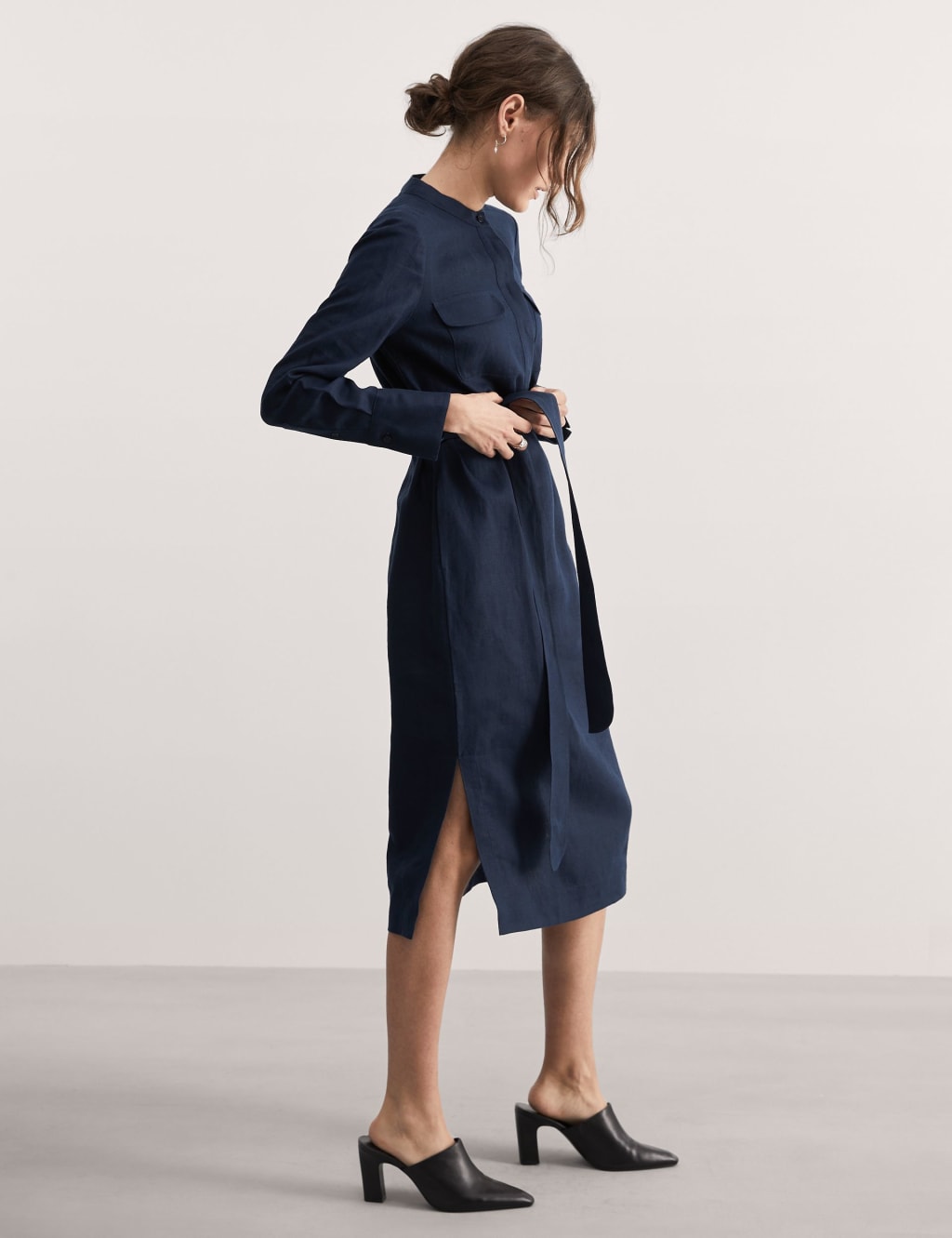 Pure Linen Belted Midi Column Dress